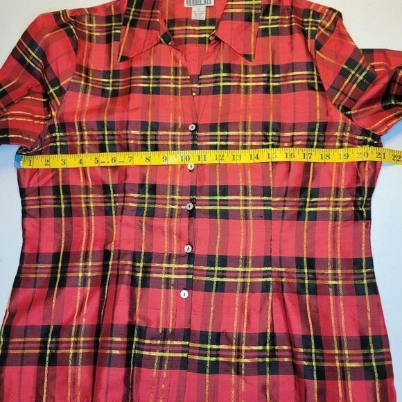 ROBBIE Bee Women's Vintage Silk Tartan Button Down Blouse Red Plaid Christmas - Picture 10 of 11